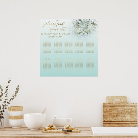 Purist blue ombre romantic floral gold calligraphy poster (Keuken)