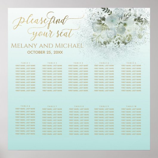 Purist blue ombre romantic floral gold calligraphy poster (Voorkant)