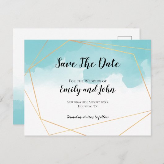 Purist Blue Waterverf Geometrisch Sla de datum op Briefkaart (Voorkant / Achterkant)