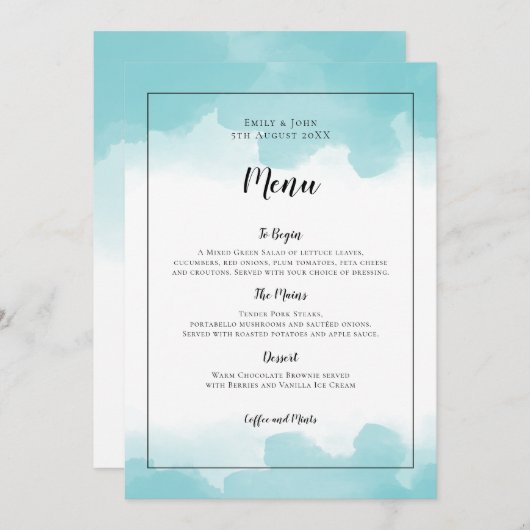 Purist Blue Waterverven Zwart Script Wedding Menu (Voorkant / Achterkant)