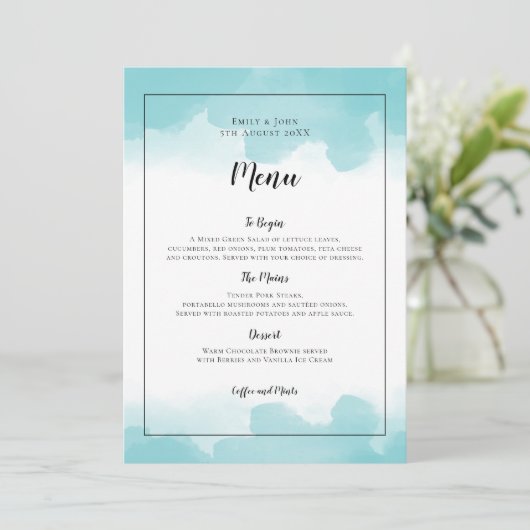 Purist Blue Waterverven Zwart Script Wedding Menu (Staand voorkant)
