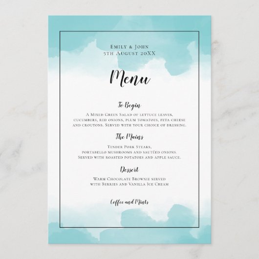 Purist Blue Waterverven Zwart Script Wedding Menu (Voorkant)