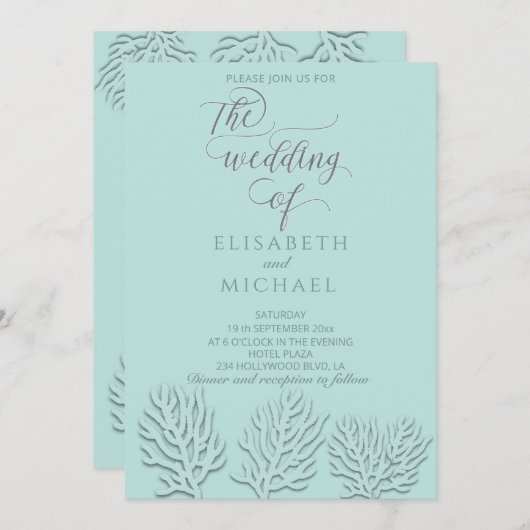 Puristisch blauwe geprègede romantische koraal cal kaart (Voorkant / Achterkant)