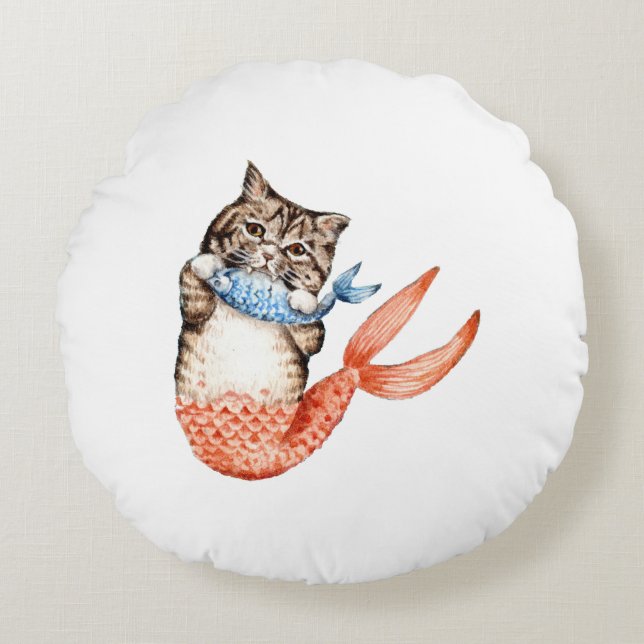 Purmaid Cat Mermaid Rond Kussen (Voorkant)