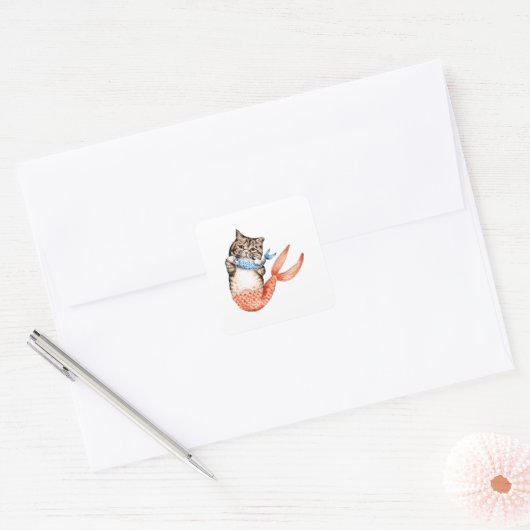 Purmaid Cat Mermaid Vierkante Sticker (Envelop)