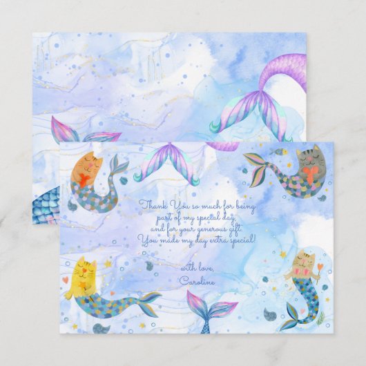 Purmaid kat zeemeermin waterverf meisje kinderen v bedankkaart (Voorkant / Achterkant)