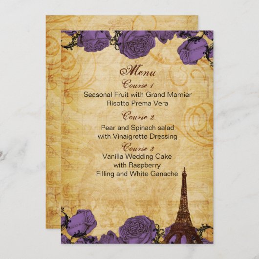purp eiffeltoren Paris trouwmenukaarten Menu (Voorkant / Achterkant)