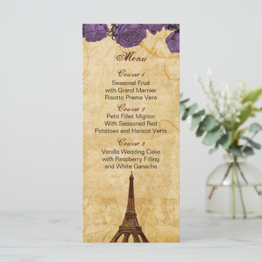 purp  eiffeltoren Paris trouwmenukaarten Menu (Staand voorkant)