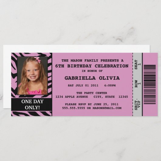 Purpl Zebra Event Ticket Birthday Party Invitation Kaart (Voorkant / Achterkant)