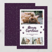 Purple 3 Photo Snow Paws Meowy Christmas Card Feestdagenkaart (Voorkant / Achterkant)