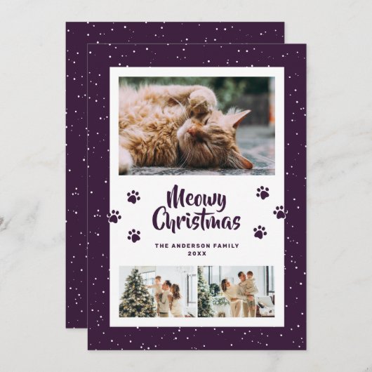 Purple 3 Photo Snow Paws Meowy Christmas Card Feestdagenkaart (Voorkant / Achterkant)
