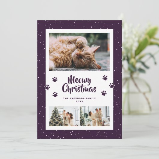 Purple 3 Photo Snow Paws Meowy Christmas Card Feestdagenkaart (Staand voorkant)