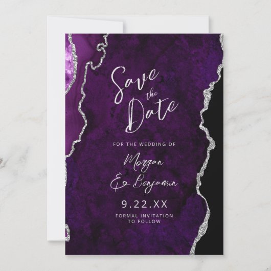 Purple Agate Silver Script Wedding Save the Date Kaart (Voorkant)