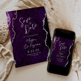Purple Agate Silver Script Wedding Save the Date Kaart