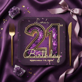 Purple Amethyst Crystal Gold 21st Birthday Papieren Bordje