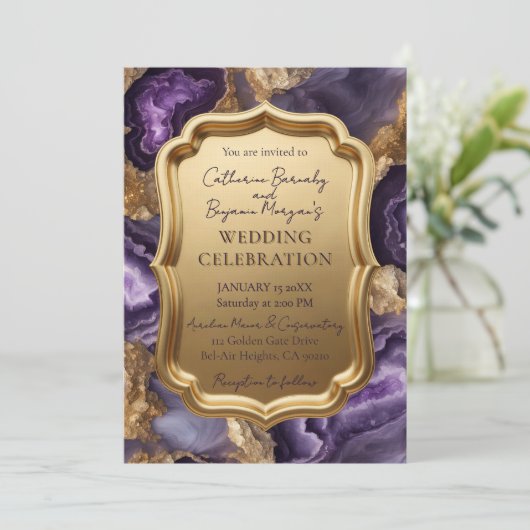 Purple Amethyst & Gold Agate Geode Ornate Wedding Kaart (Staand voorkant)