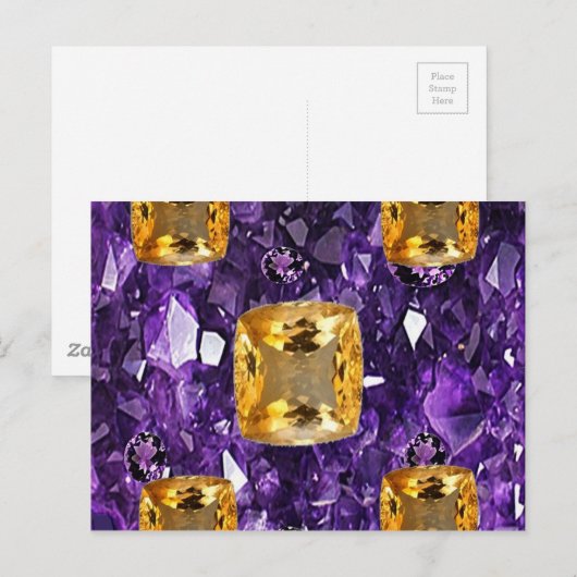 PURPLE AMETHYST & GOLDEN TOPAZ GEM CRYSTALS BRIEFKAART (Voorkant / Achterkant)