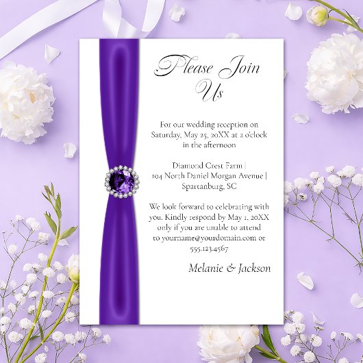 Purple Amethyst Satin Ribbon Jewel Reception Only Kaart