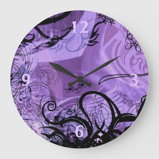 Purple and Black Goth Pattern Wall Clock Grote Klok (Voorkant)