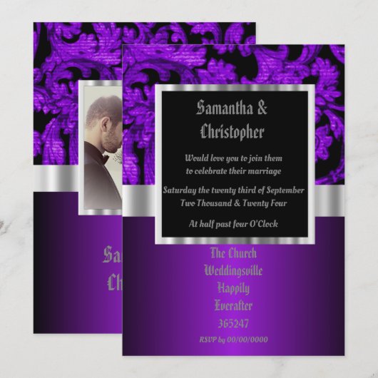 Purple and black gothic wedding photo invitation kaart (Voorkant / Achterkant)