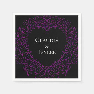 Purple and Black Heart Gothic Wedding Napkins Servet