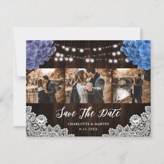 Purple and Blue Floral Photo Collage Wedding Save The Date (Voorkant)