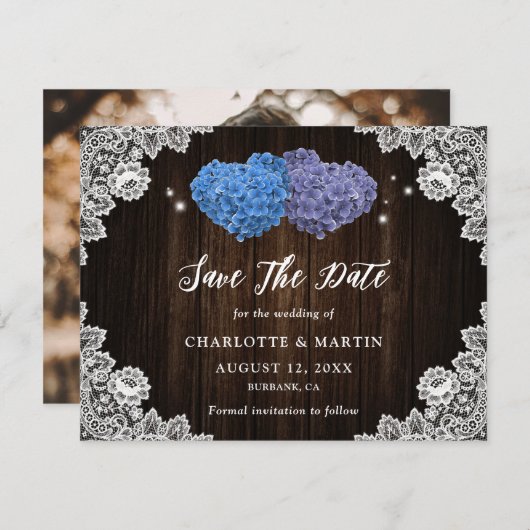 Purple and Blue Floral Photo Wedding Save The Date (Voorkant / Achterkant)
