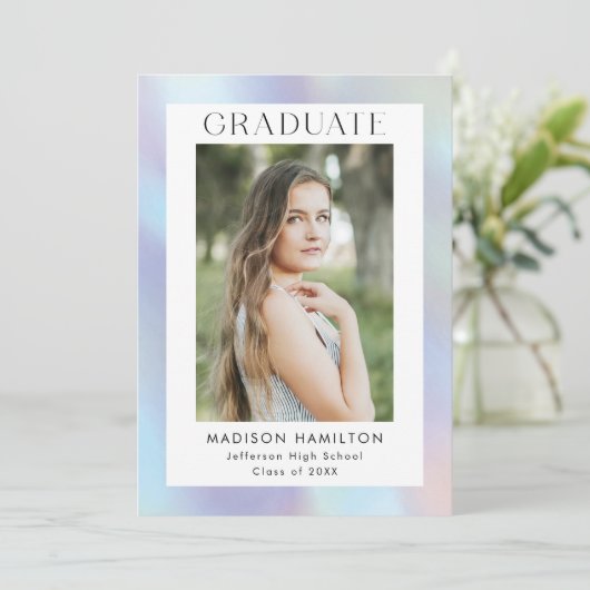 Purple and Blue Holographic Photo Graduation Party Kaart (Staand voorkant)