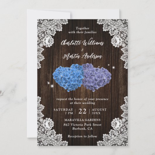 Purple and Blue Rustic Floral Lace Wood Wedding Kaart (Voorkant)