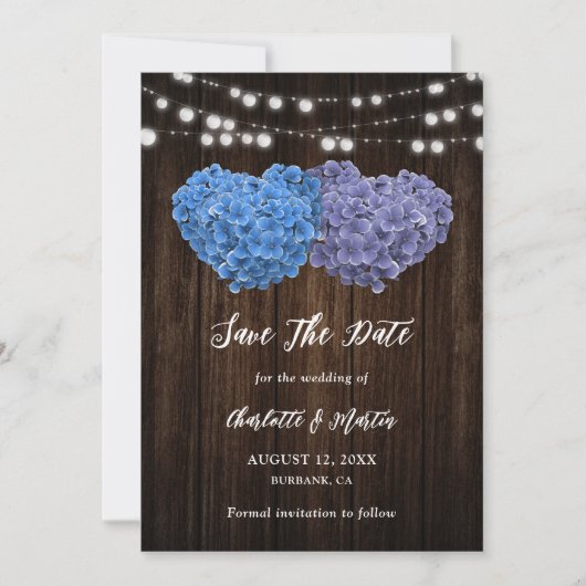 Purple and Blue Rustic Wood Floral Hearts Wedding Save The Date (Voorkant)
