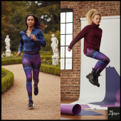 purple and blue striped backdrop a bold black  leggings