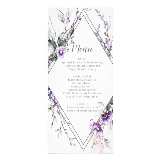 Purple and Blush Diamond Frame Wedding | Menu (Voorkant)
