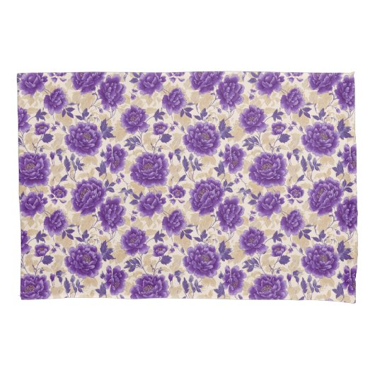 Purple and Cream Floral Pattern Pillowcases Kussensloop (Voorkant-Links)