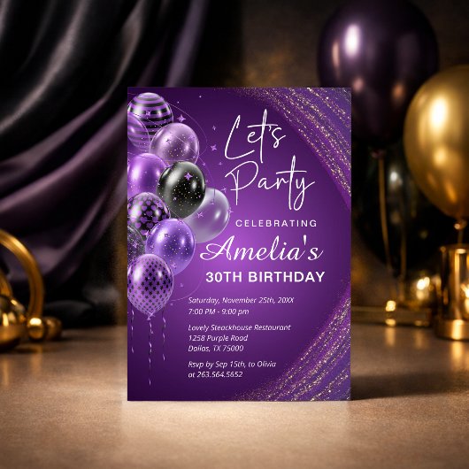 Purple and Gold Adult Birthday Party Kaart
