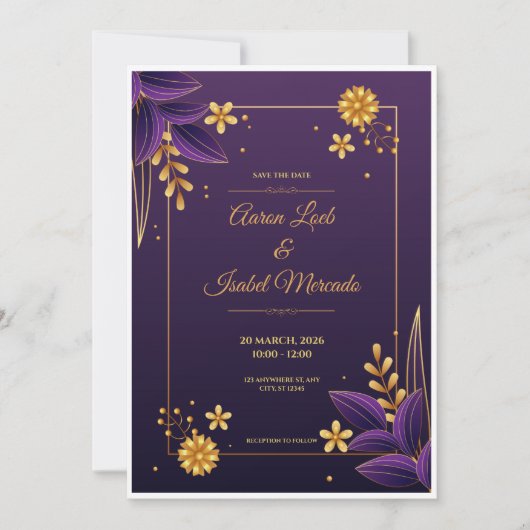 Purple and Gold Aesthetics Floral Save the Date Kaart (Voorkant)