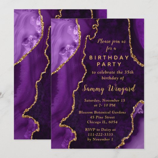 Purple and Gold Agate Marble Birthday Party Kaart (Voorkant / Achterkant)