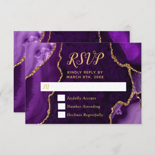 Purple and Gold Agate Marble RSVP Kaartje (Voorkant / Achterkant)