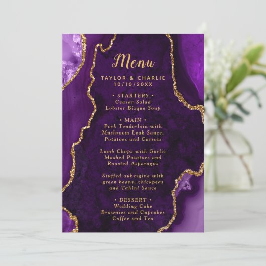 Purple and Gold Agate Marble Wedding Menu (Staand voorkant)
