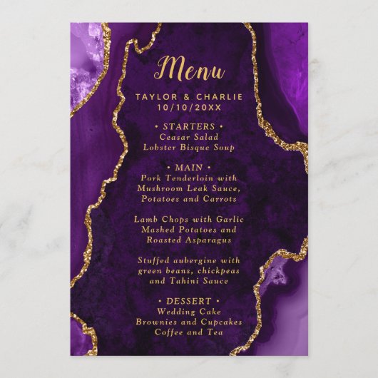 Purple and Gold Agate Marble Wedding Menu (Voorkant)