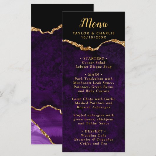 Purple and Gold Agate Marble Wedding Menu (Voorkant / Achterkant)