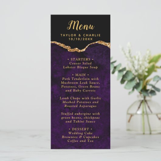 Purple and Gold Agate Marble Wedding Menu (Staand voorkant)