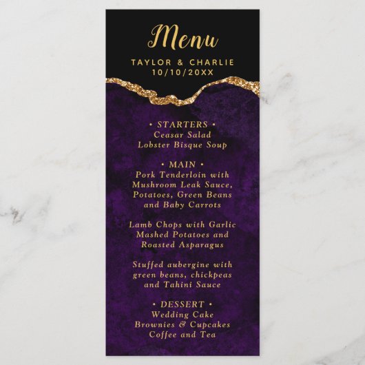 Purple and Gold Agate Marble Wedding Menu (Voorkant)