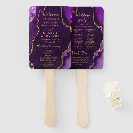 Purple and Gold Agate Wedding Program Handwaaier (Voorkant en achterkant)