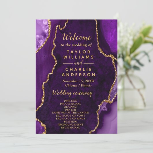 Purple and Gold Agate Wedding Program Programmakaart (Staand voorkant)