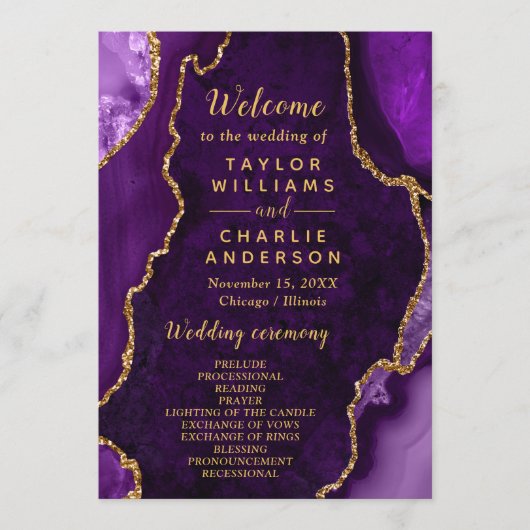 Purple and Gold Agate Wedding Program Programmakaart (Voorkant)