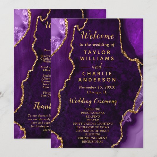 Purple and Gold Agate Wedding Program Programmakaart (Voorkant / Achterkant)