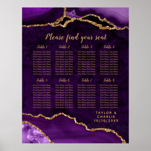 Purple and Gold Agate Wedding Seating Chart Poster (Voorkant)