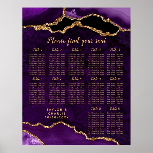 Purple and Gold Agate Wedding Seating Chart Poster (Voorkant)