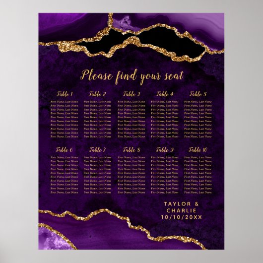 Purple and Gold Agate Wedding Seating Chart Poster (Voorkant)