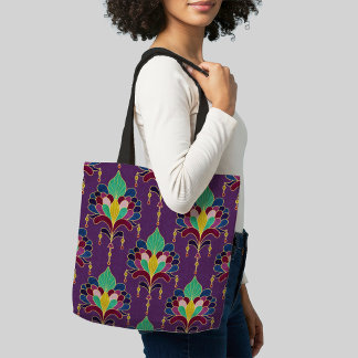 Purple and Gold Art Deco Floral Ornament Tote Bag